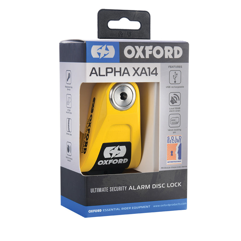 Oxford Alpha XA14 Alarm Disk Lock Ø14mm Crni/žuti od nehrđajućeg čelika LK217