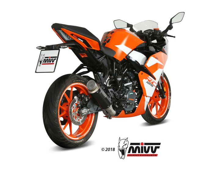 MIVV avgassystem monterat på KTM RC125 med rostfritt rör 00.73.KT.019.C2, visat bakifrån som del av fordonstillbehör.