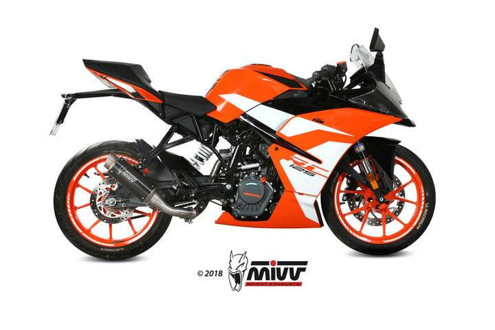 KTM RC125 med installerat MIVV Tube Without Catalyser i rostfritt stål 00.73.KT.019.C2, visat från sidan för reservdelar och tillbehör.