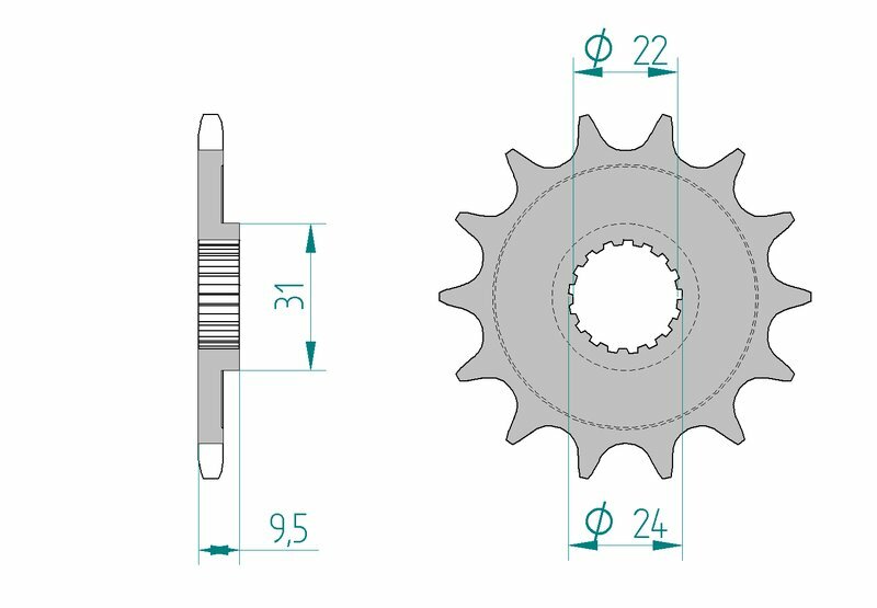 AFAM Steel Self-Cleaning Front Sprocket 22406 - 520 med teknisk ritning. Kedjehjul i stål med självrensande design, kompatibelt med Suzuki RM-Z 450 och RMX 450.