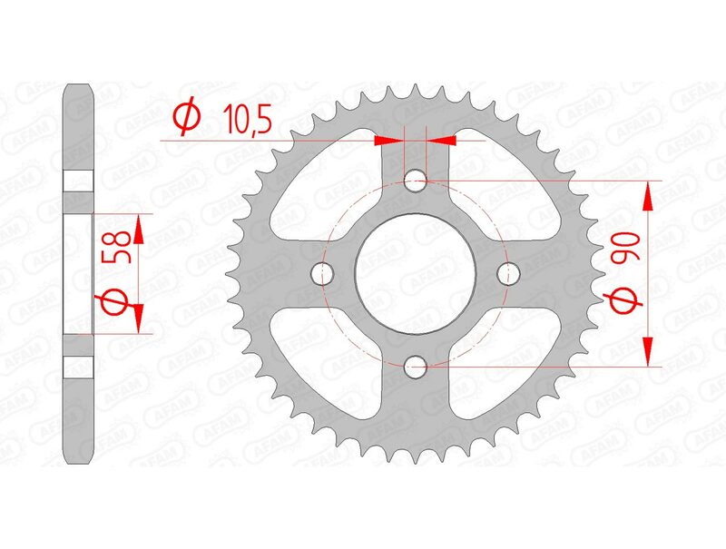 AFAM Steel Standard bakdrev 10236 - 428, kompatibelt med Honda CB 125 F och CBR 125 R. Teknisk ritning med mått för exakt montering.