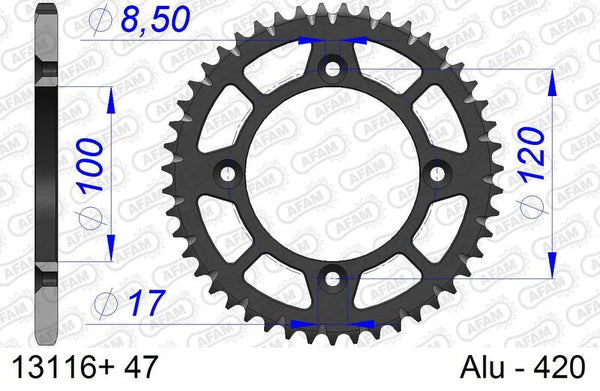 AFAM Aluminum Ultra -Light Hard Anodized Rear Sprock 13116 - 420 13116+47