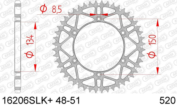 AFAM Steel Self -Cleaning Rear Sprock 16206 - 520 16206SLK+50