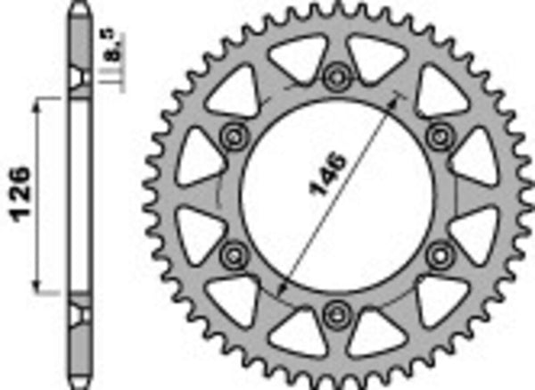 PBR Ultra-Light Aluminium Rear Sprocket 808 - 525 808 50 L med 50 tänder, 146 mm bultcirkel och 126 mm diameter. Perfekt reservdel för motorcykelchassi.