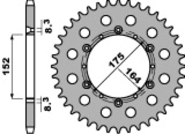 Teknisk ritning av PBR Standard C45 Steel Rear Sprocket 856 - 520 856 41 C45 med mått 152 mm diameter och 8,3 mm tjocklek. Reservdel för fordon.