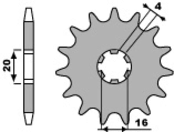 Teknisk ritning av PBR Steel Standard Front Sprocket 416 - 428 416 13 18NC med måttangivelser för kugghjul och axelpassning.