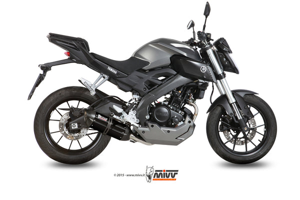 MIVV Suono Full Exhaust System monterat på Yamaha MT-125 00.73.Y.047.L9, visad från sidan. Sportigt avgassystem för förbättrad prestanda.