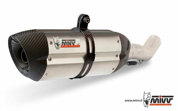 MIVV Suono Full Exhaust System - Yamaha MT-09 Y.042.L7 med kolfiberändstycke och rostfri finish, perfekt för motorcykeltillbehör och reservdelar.