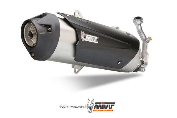 MIVV Urban Full Exhaust System C.GL.0007.B med svart värmesköld och rostfritt stål, perfekt för motorcykeltuning och reservdelsbyte.