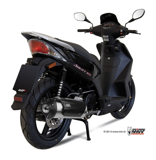 MIVV Urban Full Exhaust System - Kymco C.KY.0015.K monterad på Kymco Agility 125, visad bakifrån i e-handelskategori för fordonstillbehör.