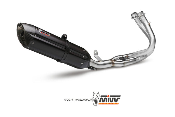 MIVV suono Full Exhaust System 00.73.K.029.L9 för Kawasaki ER-6N med svart kolfiberljuddämpare och rostfria rör. Perfekt för motorcykeltuning.