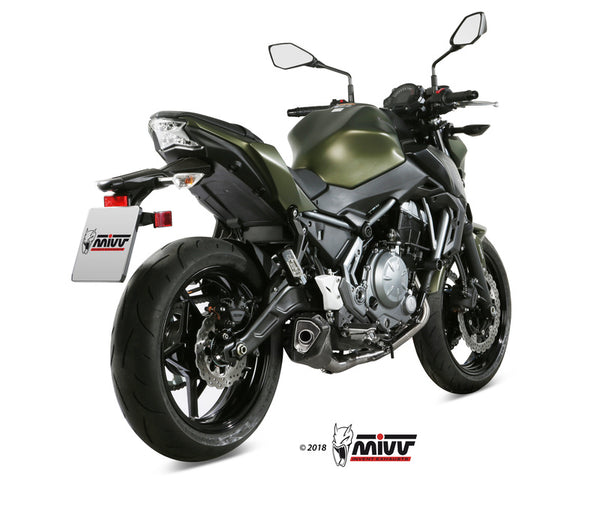 MIVV Delta Race Full Exhaust System monterad på Kawasaki Z650 00.73.K.044.LDRB, bakifrån med sportig design och hög prestanda.