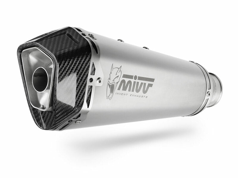 Närbild av MIVV Delta Race Full Exhaust System i rostfritt stål med kolfiberdetaljer, perfekt för Yamaha MT-07 Y.044.LDRX.