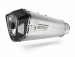 Närbild av MIVV Delta Race Full Exhaust System i rostfritt stål med kolfiberdetaljer, perfekt för Yamaha MT-07 Y.044.LDRX.