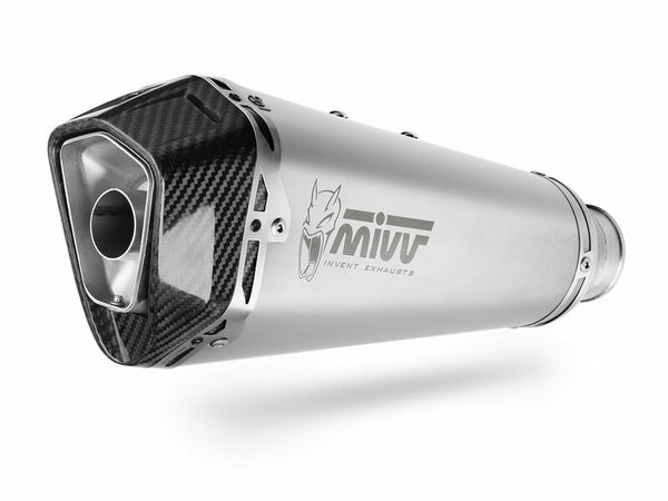 MIVV Delta Race ljuddämpare i rostfritt stål med kolfiberändlock för Kawasaki Versys 1000 00.73.K.049.LDRX. Sportig design för optimal prestanda.