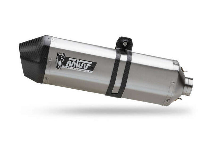 MIVV SPEED EDGE Stainless Slip-On KTM 1190 Adventure 00.73.KT.017.LRX i rostfritt stål med kolfiberände, visad i närbild.
