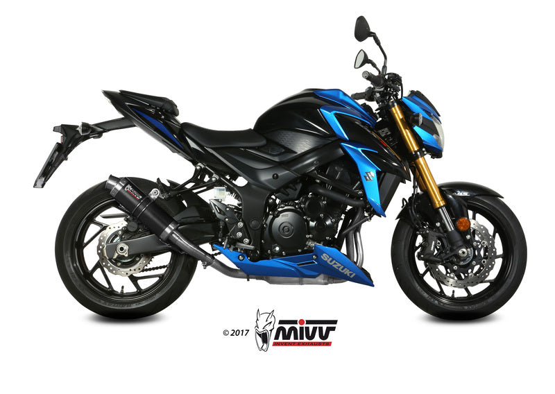 MIVV GP Carbon Muffler Stainless Steel End Cap monterad på Suzuki GSX-S750, sportig design för förbättrad prestanda och ljud. Perfekt reservdel inom ACC. EXHAUST.