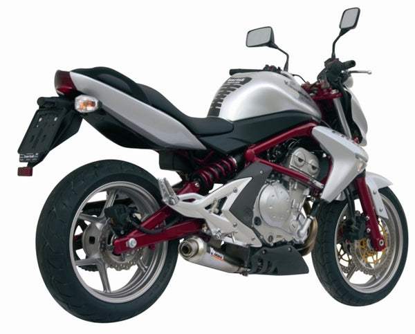 MIVV X-CONE Stainless Slip-On Kawasaki 00.73.K.015.LC3 monterad på en silverröd Kawasaki motorcykel, visad bakifrån i produktkategori reservdelar.