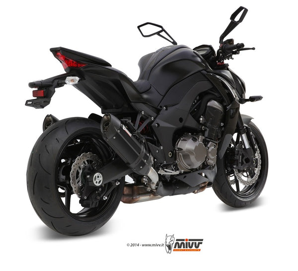 MIVV SUONO Steel Black Double Slip-On monterad på Kawasaki Z1000, sportig design för förbättrad prestanda och ljud. Perfekt för MC-tillbehör och reservdelar.