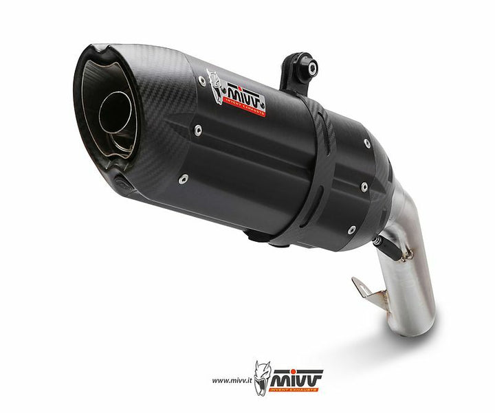 Närbild av MIVV SUONO Steel Black Double Slip-On 00.73.K.039.L9, svart avgassystem i rostfritt stål för Kawasaki Z1000. Premium tillbehör för motorcyklar.