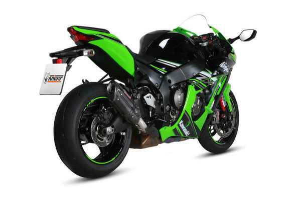MIVV SUONO Steel Black Slip-On monterad på Kawasaki ZX10R, sportig design för förbättrad prestanda och ljud. Perfekt för racing och gatubruk.