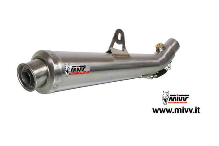 Närbild på MIVV X-CONE Stainless Slip-On avgassystem för Suzuki Gladius 650, modellnummer 00.73.S.035.LC3, i rostfritt stål.