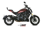 MIVV Double Gun Full Steel Black Muffler monterad på Benelli 502C E.005.LDGB, visad från sidan. Sportigt avgassystem för motorcykeltillbehör.