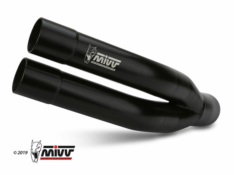 Närbild på MIVV Double Gun Full Steel Black Muffler för Benelli 502C E.005.LDGB. Svart dubbelt avgasrör i stål för reservdelar och tillbehör.