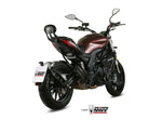 MIVV Double Gun Full Steel Black Muffler installerad på Benelli 502C E.005.LDGB, bakifrån. Stilrent avgassystem för fordonstillbehör.
