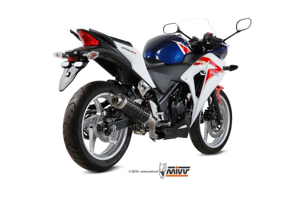 MIVV GP Steel Black Muffler monterad på Honda CBR250R H.047.LXB, sportig design med rostfritt stål och svart finish. Perfekt för reservdelar inom motorcykeltillbehör.
