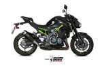 Sidovy av Kawasaki Z900 med MIVV Delta Race Muffler Steel Black/Carbon End Cap monterad, idealisk för tuning och reservdelar.