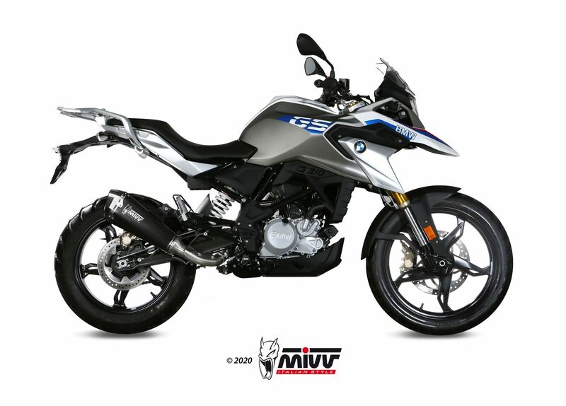 MIVV Delta Race Silencer Steel Black/Carbon End Cap monterad på BMW G310GS, sportig ljuddämpare för motorcykelprestanda och stil.
