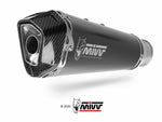 Närbild på MIVV Delta Race Silencer K.053.LDRB med kolfiberfinish, designad för Kawasaki Z H2, perfekt för tuning och prestanda.