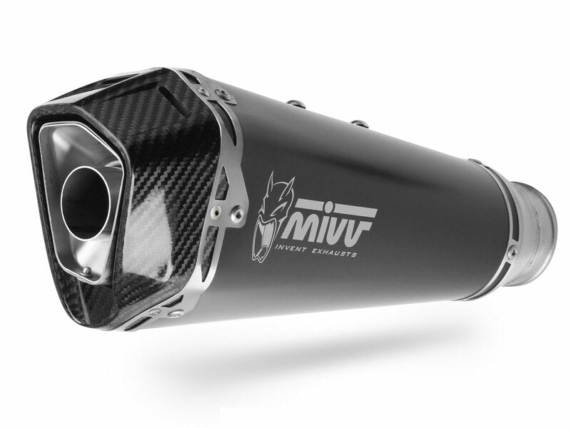 Närbild av MIVV Delta Race Black Silencer i svart stål med kolfiberändlock, designad för Kymco AK 550 O.008.LDRB, högkvalitativt avgassystem.