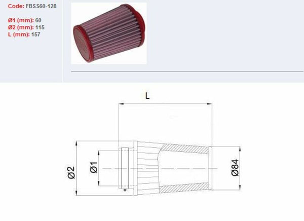 BMC Air Filter Tapered Ø60mm - FBSS60-128 FBSS60-128 