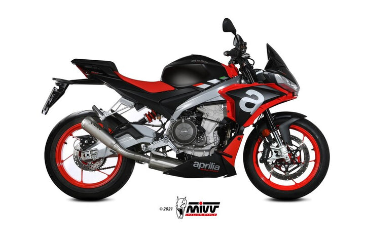 Sidovy av Aprilia Tuono 660 utrustad med MIVV X-M1 Full Exhaust System i titan/rostfritt stål, perfekt för sportig körning.