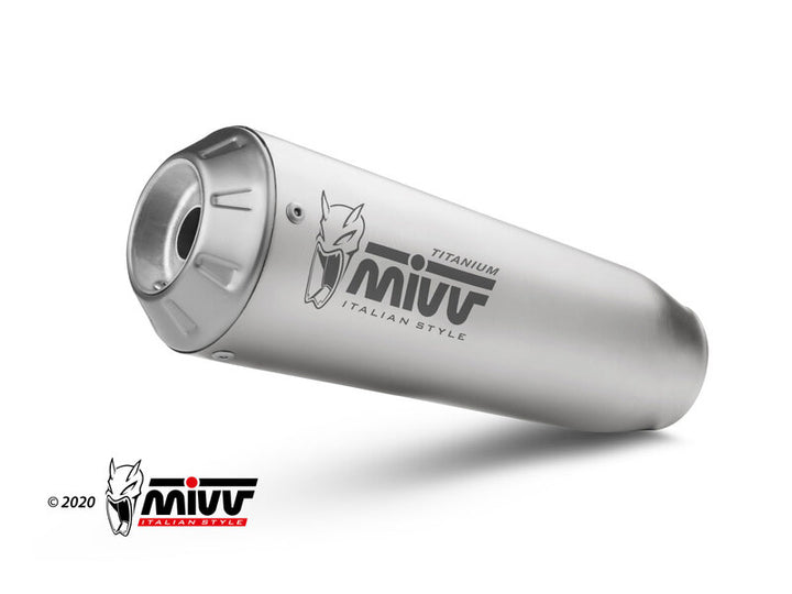 Närbild av MIVV X-M1 Full Exhaust System i titan med MIVV-logotyp, designad för Aprilia Tuono 660 och hög prestanda.
