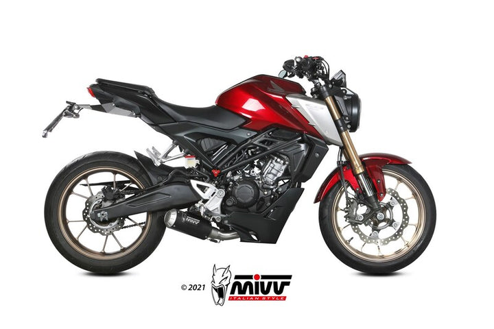 MIVV MK3 Full Exhaust System monterat på Honda CB125R H.078.SM3B, visar sportig design och förbättrad prestanda för fordonstillbehör.