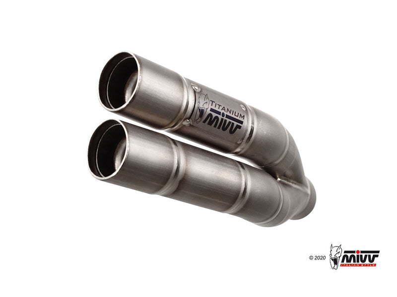 Närbild av MIVV Double Gun Silencer Titanium E.005.LDG i titanfinish. Högpresterande avgassystem för motorcyklar och fordonstillbehör.