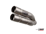 Närbild av MIVV Double Gun Silencer Titanium E.005.LDG i titanfinish. Högpresterande avgassystem för motorcyklar och fordonstillbehör.