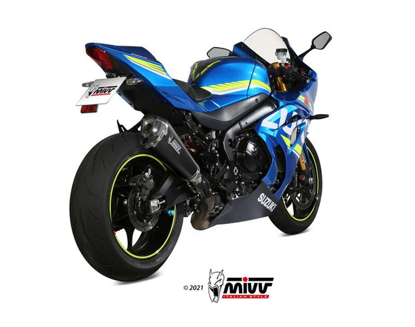 MIVV Delta Race Silencer monterad på Suzuki GSX-R1000 S.050.LDRC, visad bakifrån med sportig design och kolfiberfinish.