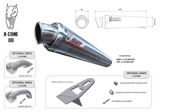 MIVV X-Cone 80 Universal Silencer - Right Side 00.73.KU.001.SC1 i rostfritt stål med konisk design, perfekt för motorcykelavgassystem.