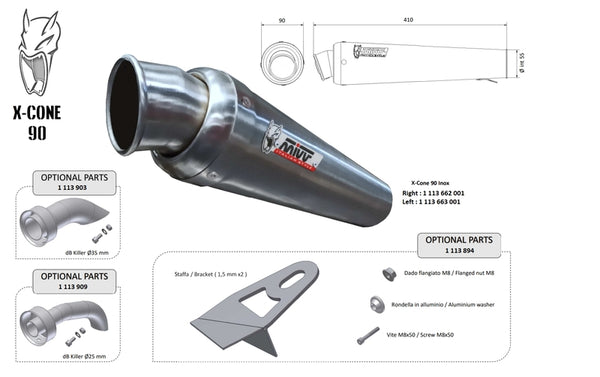 MIVV X-Cone 90 Universal Silencer - Right Side 00.73.KU.001.SC2 i rostfritt stål med monteringsdetaljer och måttskiss för fordonstillbehör.