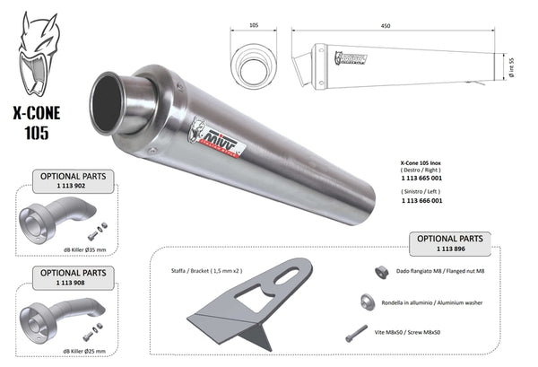 MIVV X-Cone 105 Universal Silencer - Right Side 00.73.KU.001.SC3 i rostfritt stål med konisk design, perfekt för motorcykelavgassystem.