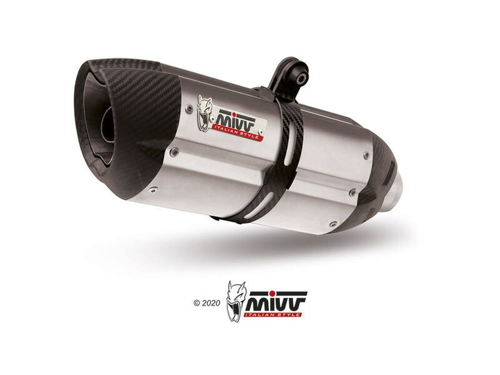 Närbild av MIVV Suono Slip-On Muffler Stainless Steel B.025.L7 med kolfiberdetaljer. Premium avgassystem för BMW S1000XR 15-19.