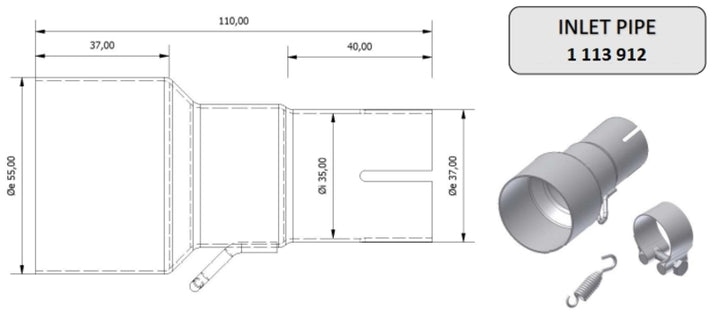 MIVV Inlet Pipe 55 > 35 mm 00.73.KU.00002 med teknisk ritning som visar mått och anslutningsdetaljer för fordonets avgassystem.
