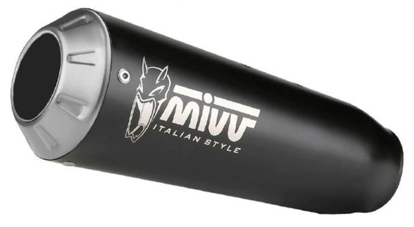 MIVV X-M1 Universal Muffler Black Stainless Steel - Right Side 00.73.KU.001.SC4B med svart finish och MIVV-logotyp, perfekt för motorcykeltillbehör.