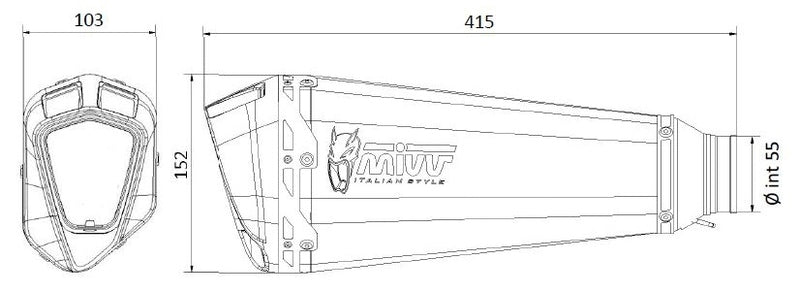 Teknisk ritning av MIVV Delta Race Universal Muffler Stainless Steel / Carbon - Right Side 00.73.KU.001.SDRX med mått i millimeter.