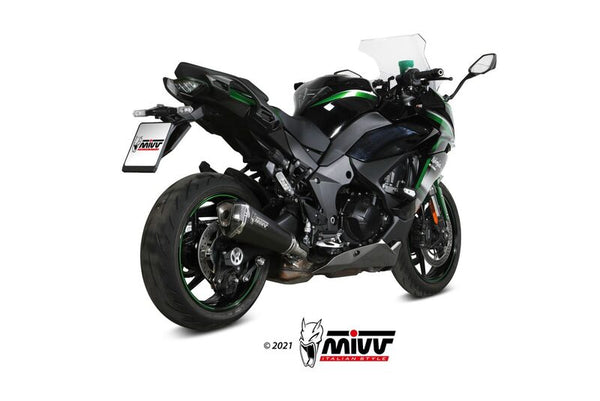 MIVV Delta Race Silencer monterad på Kawasaki Ninja SX/Tourer K.054.LDRB, visad bakifrån med sportig design och kolfiberdetaljer.