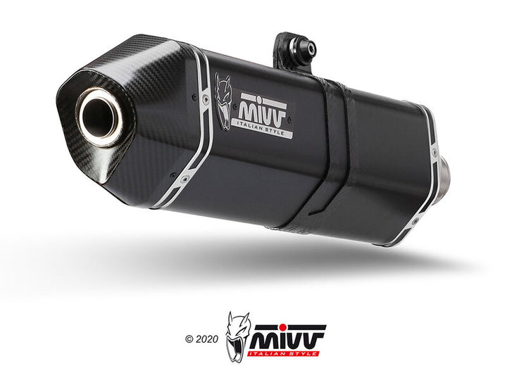 Närbild av MIVV Speed Edge Silencer KT.027.LRB i svart kolfiberdesign, idealisk för KTM 1290 Super Adventure R/S/T-modeller.